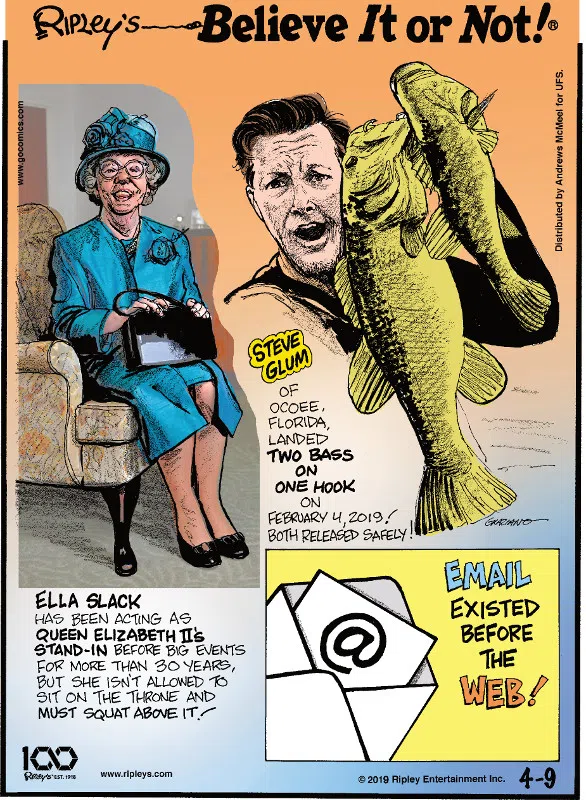 1. Ella Slack has been acting as Queen Elizabeth II's stand-in before big events for more than 30 years, but she isn't allowed to sit on the throne and must squat above it. 2. Steve Glum of Ocoee, Florida, landed two bass on one hook on February 4, 2019! Both released safely! 3. Email existed before the web!