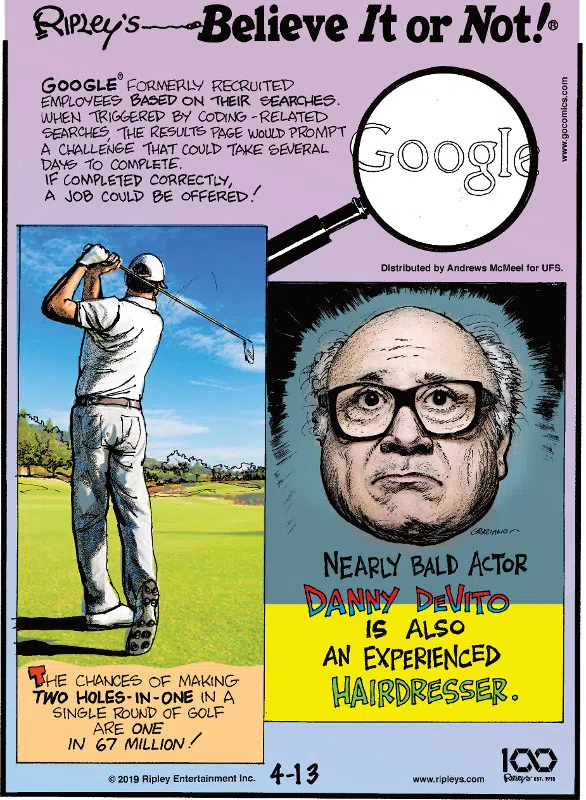 1. Google® formerly recruited employees based on their searches. When triggered by coding-related searches, the results page would prompt a challenge that could take several days to complete. If completed correctly, a job could be offered! 2. The chances of making two holes-in-one in a single round of golf are one in 67 million! 3. Nearly bald actor Danny DeVito is also an experienced hairdresser.