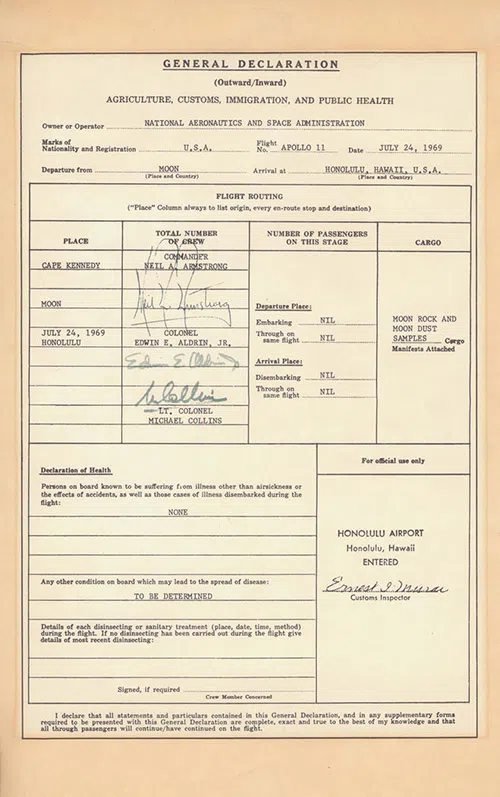 Astronaut Collins customs form