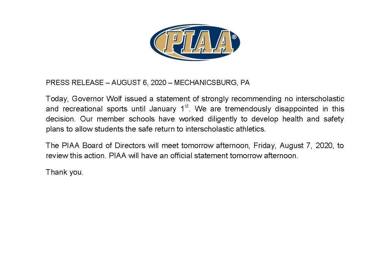 PIAA Issues Statement WESB B107.5FM/1490AM WBRR 100.1 The Hero