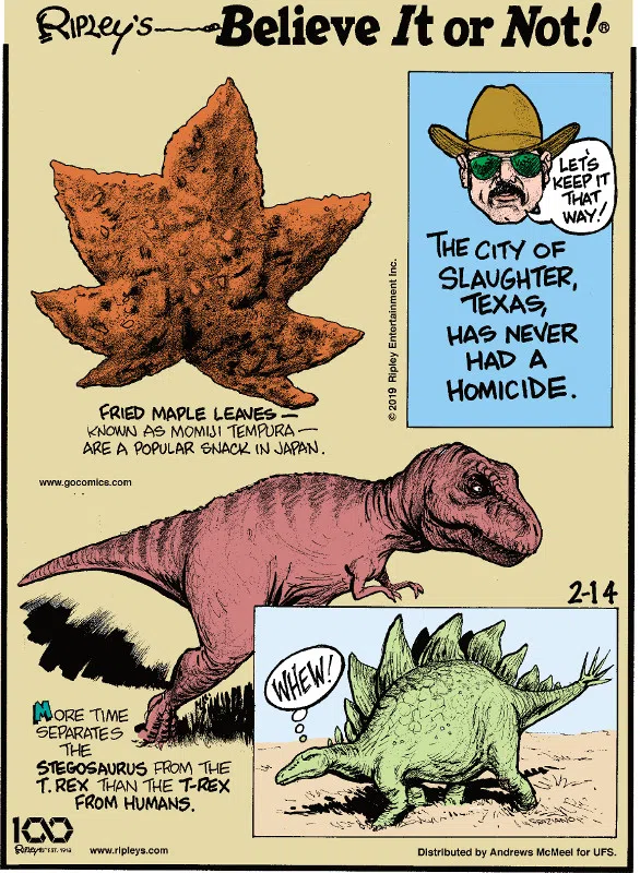 1. Fried maple leaves - known as momiji tempura - are a popular snack in Japan. 2. The city of Slaughter, Texas, has never had a homicide. 3. More time separates the stegosaurus from the T-Rex than the T-rex from humans.