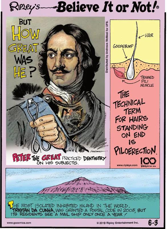 1. Peter the Great practiced dentistry on his subjects. 2. The technical term for hairs standing on end is piloerection. 3. The most isolated inhabited island in the world, Tristan da Cunha, was granted a postal code in 2005, but its residents see a mail ship only once a year!