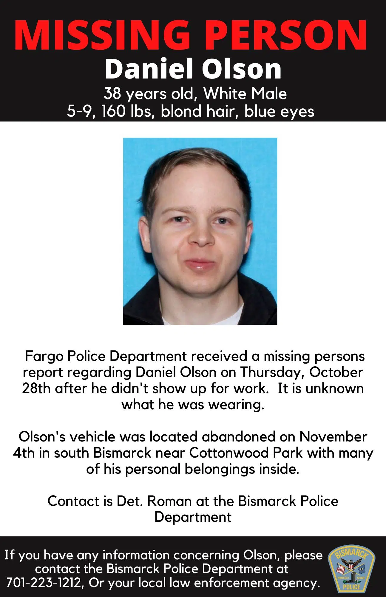 Bismarck police find car of missing Fargo man | Y94