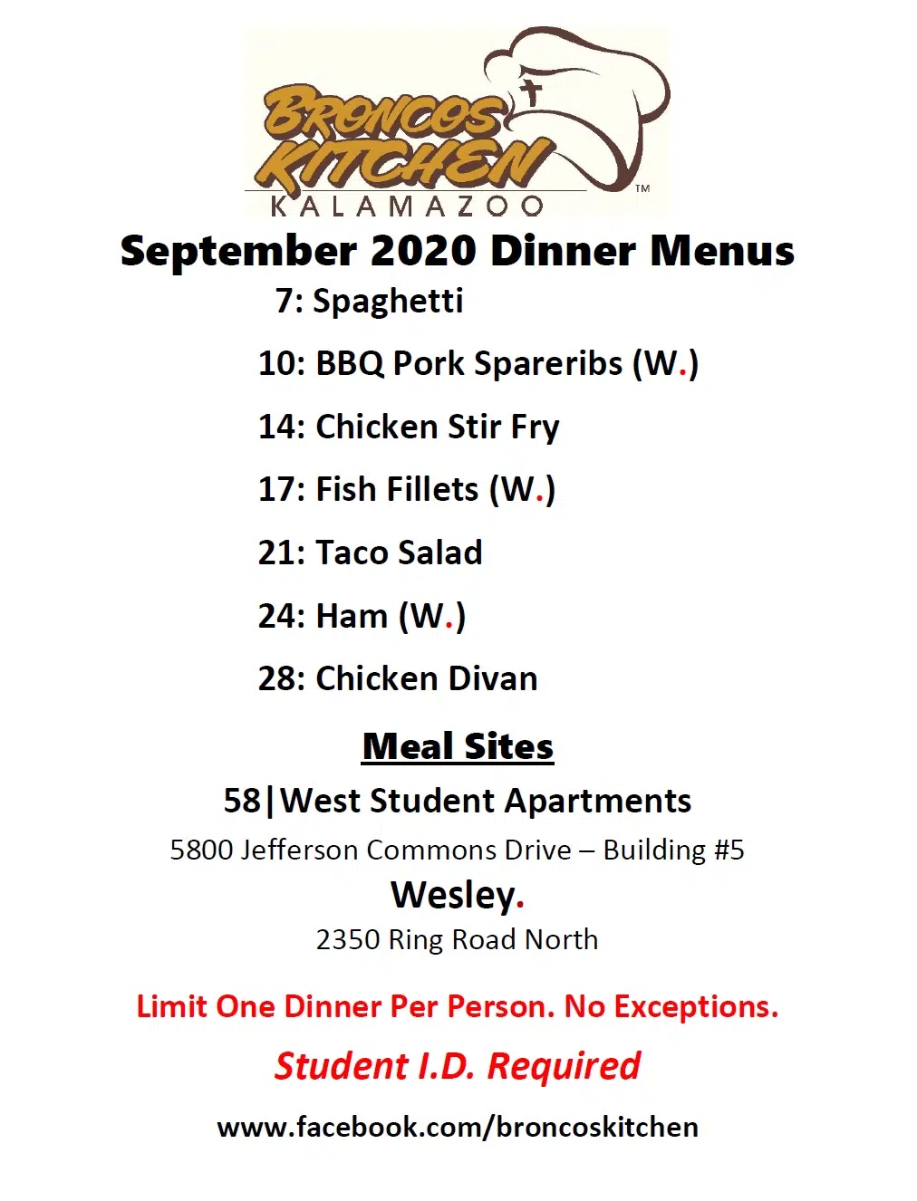 September 2020 Broncos Kitchen meal events.