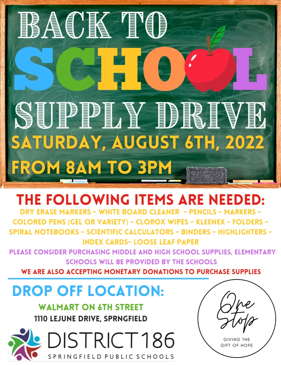 Back to School Drive for District 186 INFO – Saturday, 8/6