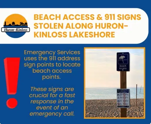 Emergency Access Point Beach Signs Stolen In Huron-Kinloss