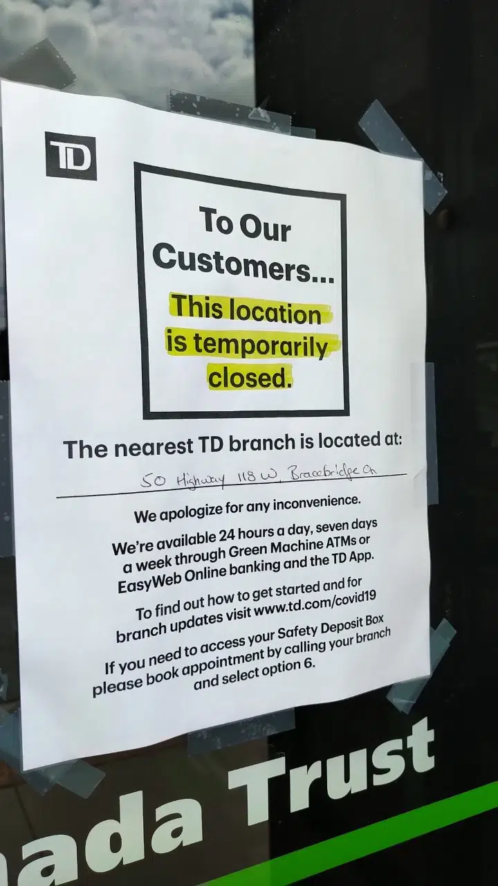 Gravenhurst TD Bank Closed As Employee Is Being Tested for Covid