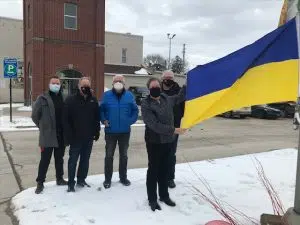 Hanover Ukraine Flag raised with Councillor Brandon Koebel, Councillor Harold Fleet, Councillor Dave Hocking, Councillor Warren Dickert and Mayor Sue Paterson 