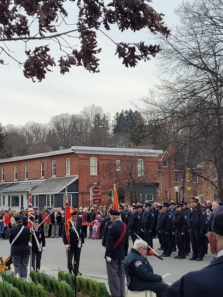 a view from behind the cenotaph at police, fire, caf and legion members in line