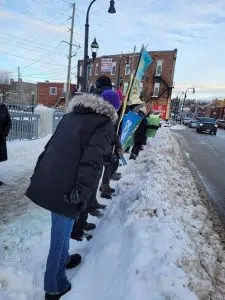 protesters line the bridge 