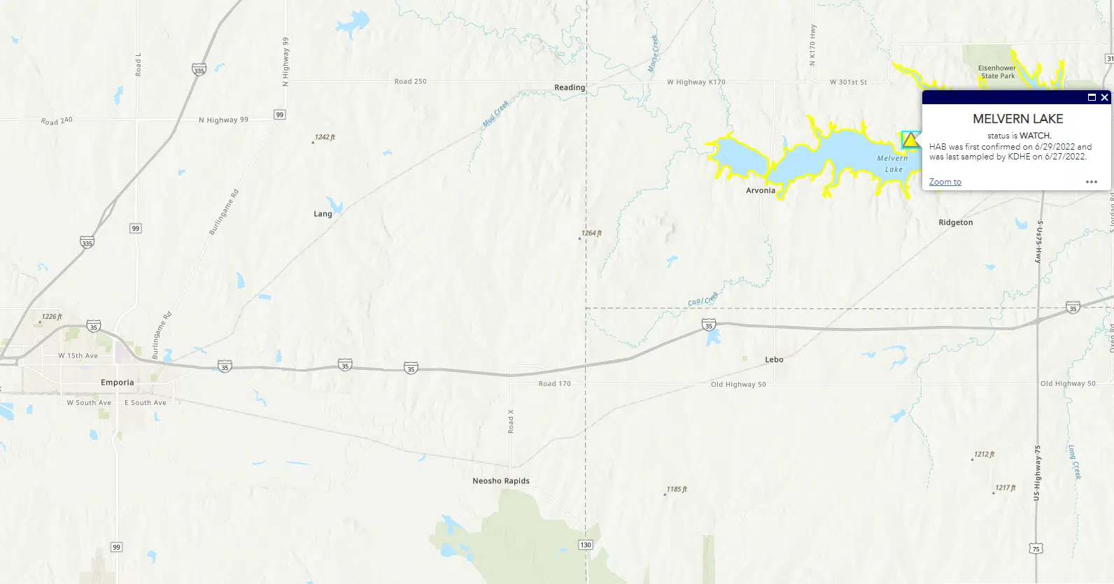 Melvern Lake in bluegreen algae watch KVOE