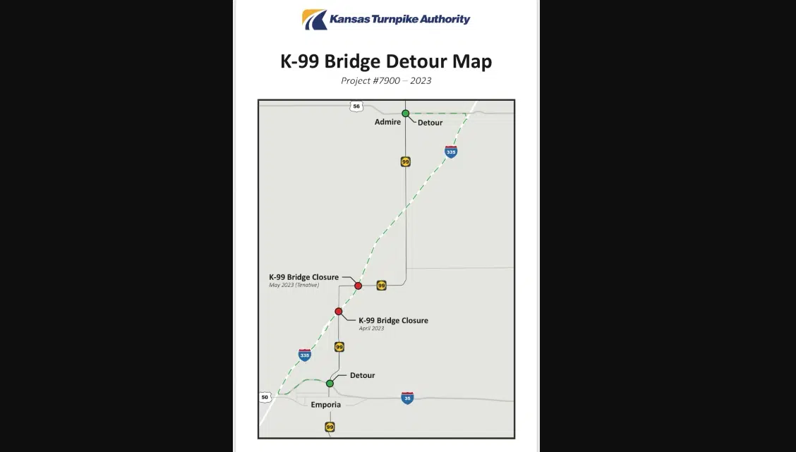 Detour in effect for one of two K99 bridges crossing Kansas Turnpike