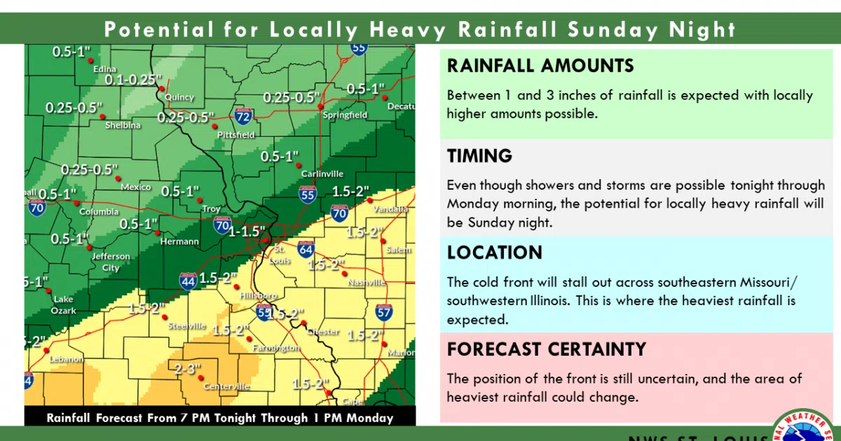 Potential for locally heavy rainfall on Sunday night around the area