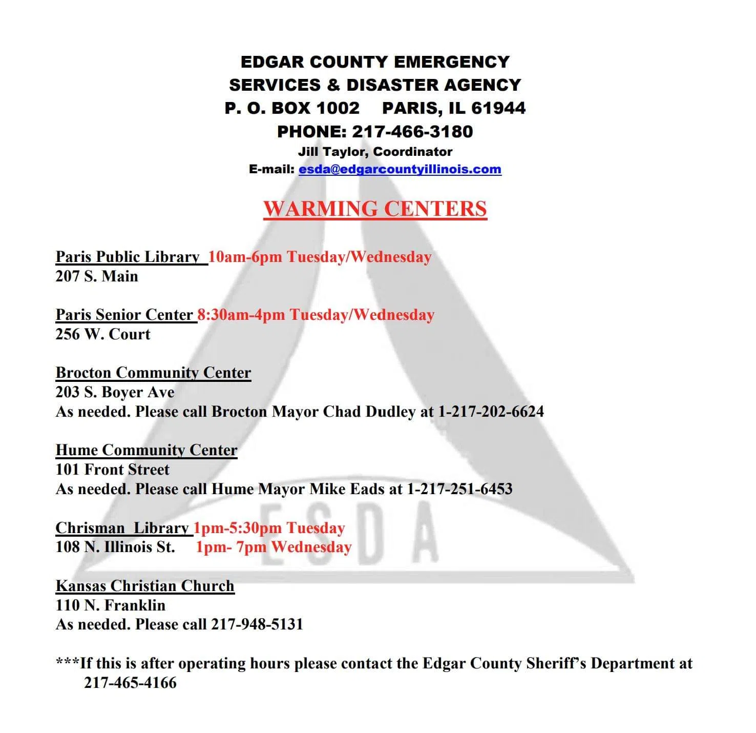 Edgar County Warming Centers
