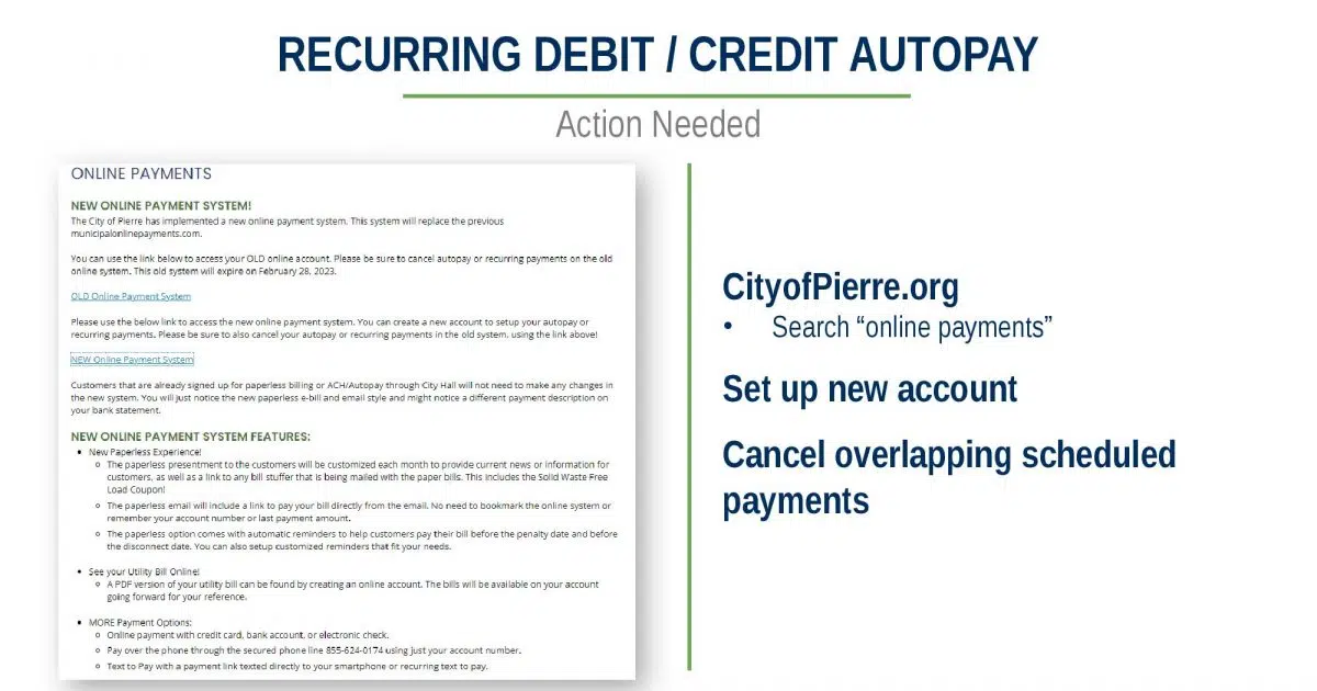 Pierre changes to new online payment system; Residents with auto pay connected to debit or credit cards must create an account on new system