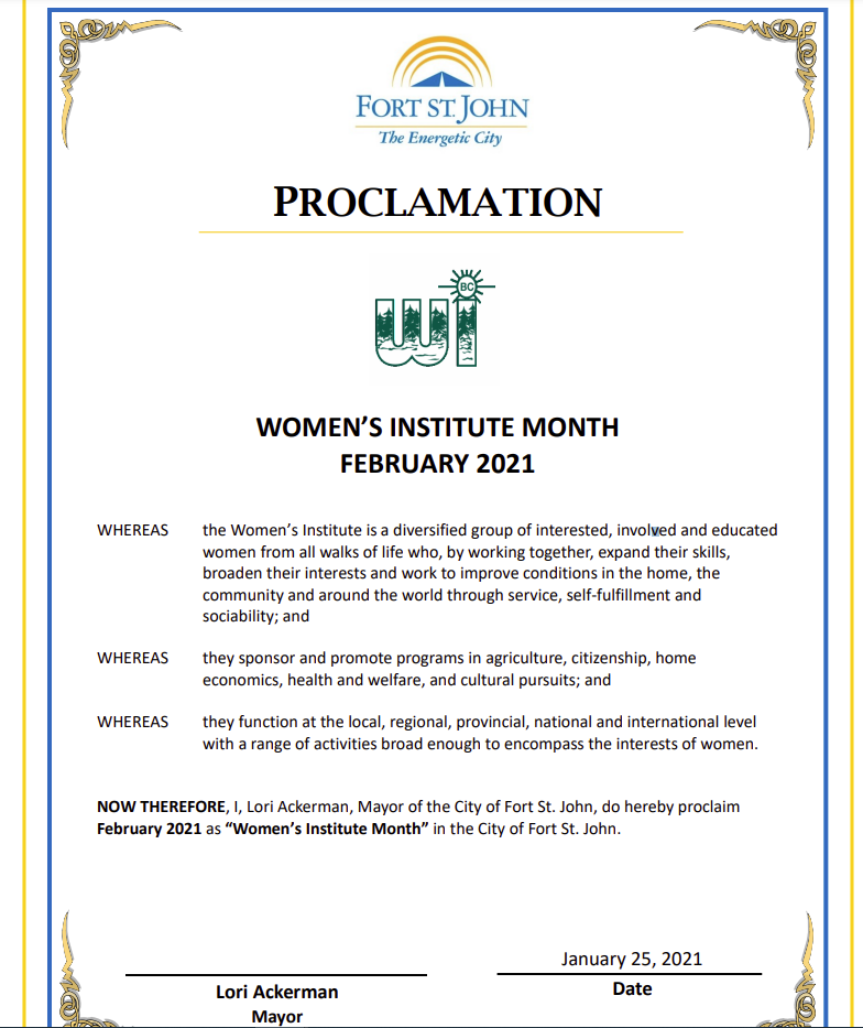 City to proclaim Women's Institute month | Energeticcity.ca - Local news from Northeast B.C. - Vimarsana News