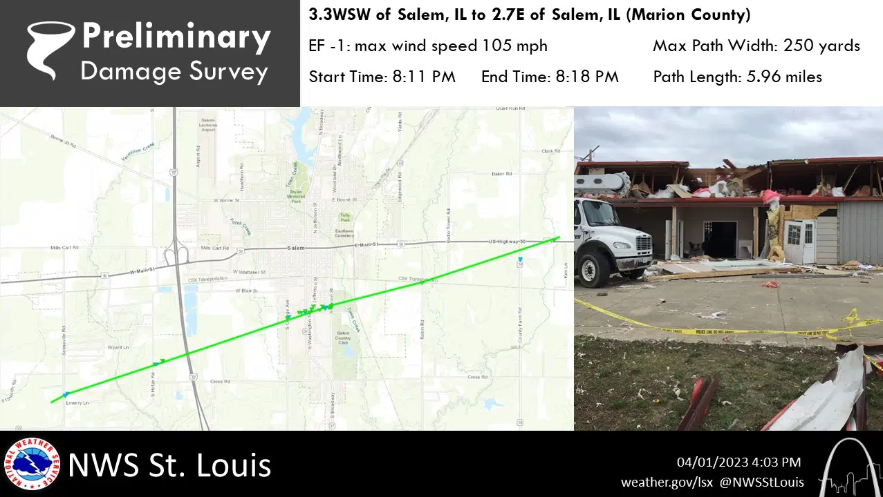 National Weather Service Tornado responsible for damage in Salem area South Central Illinois
