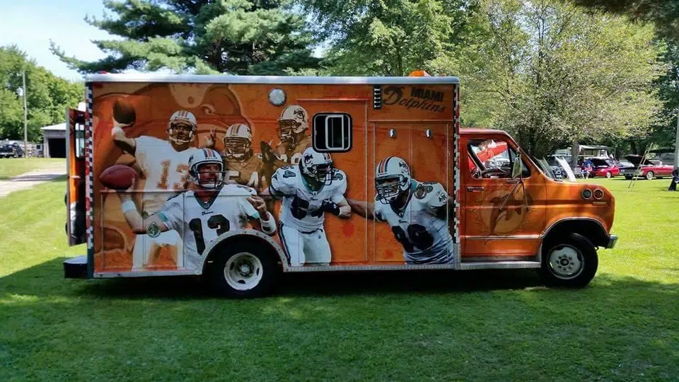 Miami Dolphins tailgating truck.