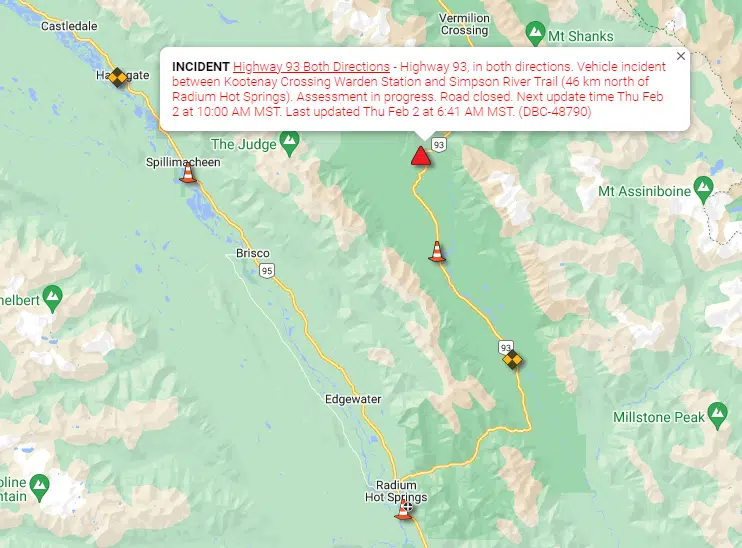 Highway 93 closed north of Radium Hot Springs 102.9 Rewind Radio