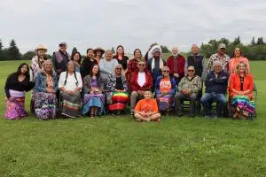 Elders and community members gathered at the Youville Residential School Truthing Ceremony in St. Albert's  Mission Park (Photo Credits - Daniel Barker-Tremblay)