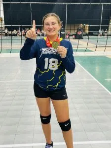 Raylee Tremblay holding up the gold in the Winnipeg Volleyball Nationals (Photo Submitted)