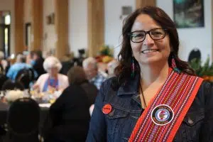 MNA President Andrea Sandmaier at the Metis Residential School survivors gathering at Metis Crossing (Photo Credits - Daniel Barker-Tremblay)