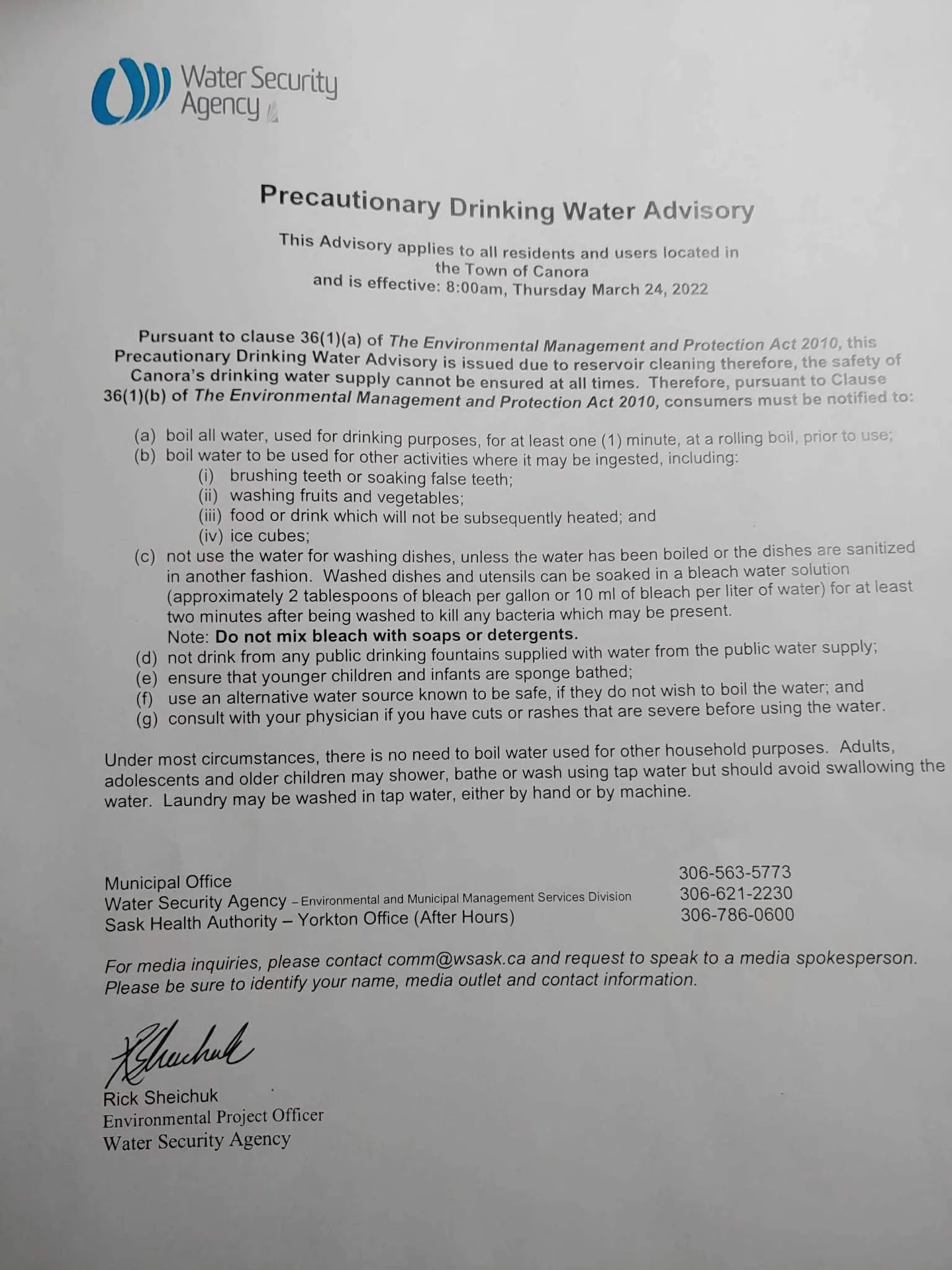 Precautionary Drinking Water Advisory Will Take Effect In Canora