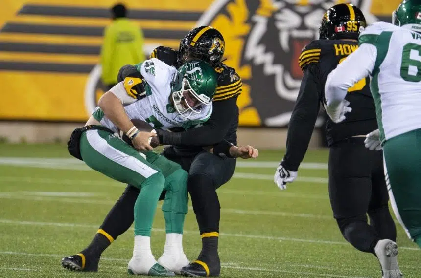 Canada. 03rd June, 2022. Saskatchewan Roughriders quarterback Cody Fajardo  celebrates his touchdown against the B.C. Lions during the first half of a  pre-season CFL football game in Vancouver, B.C., Friday, June 3