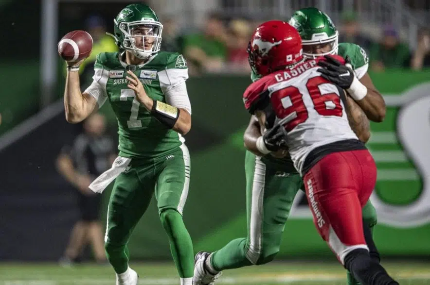 Canada. 03rd June, 2022. Saskatchewan Roughriders quarterback Cody Fajardo  celebrates his touchdown against the B.C. Lions during the first half of a  pre-season CFL football game in Vancouver, B.C., Friday, June 3