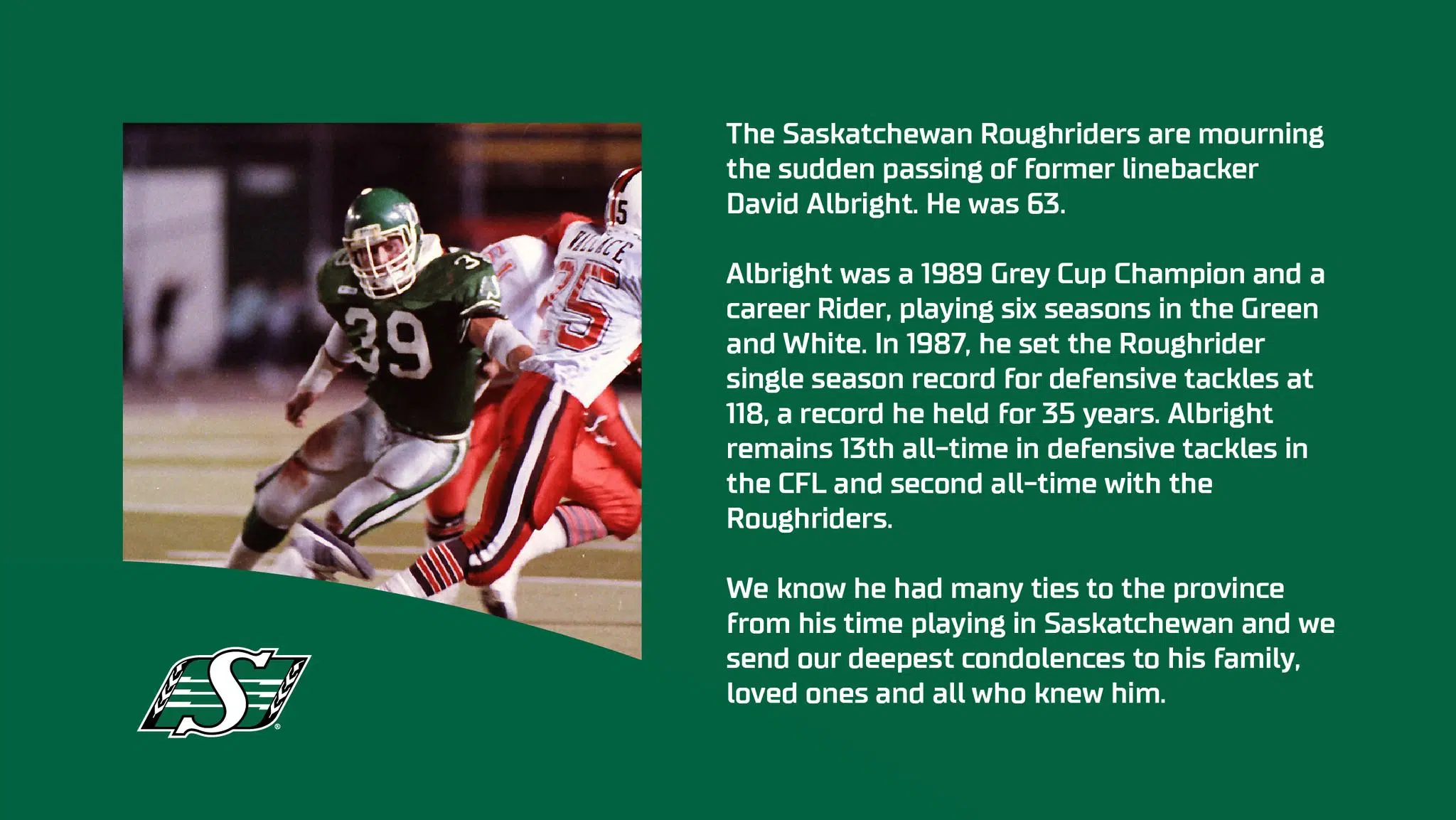 Former Roughrider linebacker Dave Albright dies at 63