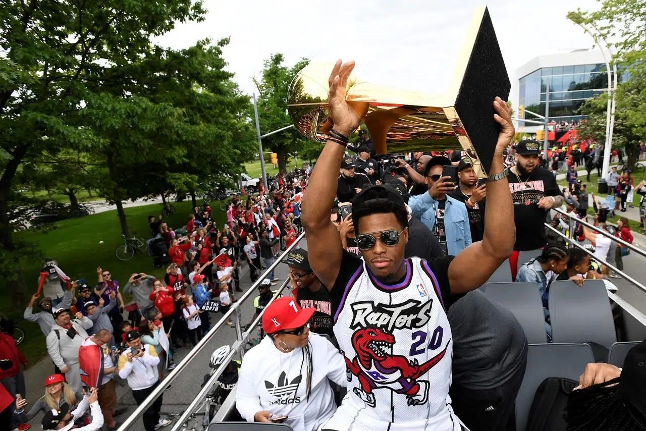 Picture of the 2019 NBA Champions logo on the bus as the Toronto Raptors  hold their victory parade after beating the Golden State Warriors in the NBA  Finals in Toronto. June 17