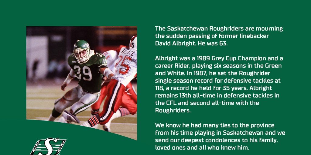 Former Roughrider linebacker Dave Albright dies at 63 - Vimarsana News