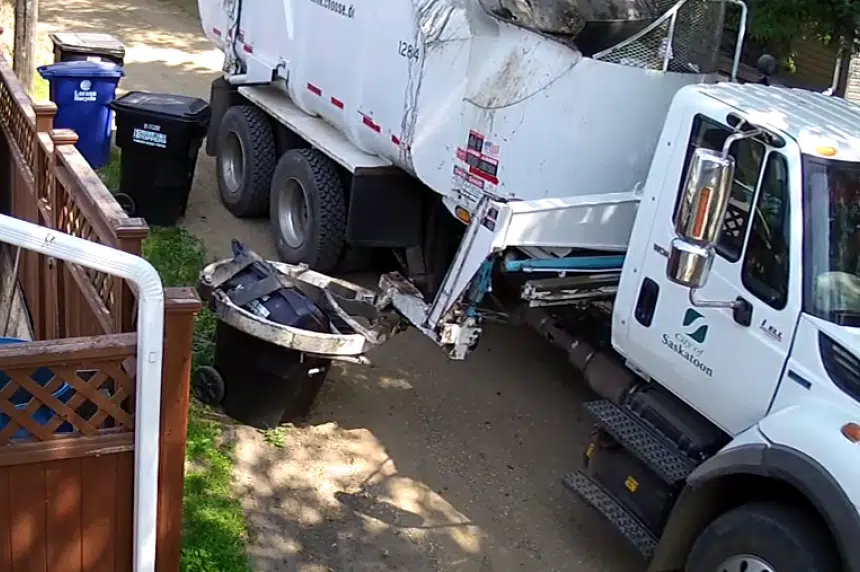 VIDEO Saskatoon garbage truck crushes bin 650 CKOM