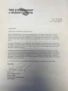 TSS' letter to Saskatchewan tire recyclers.