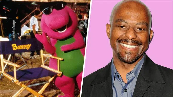 man in a barney costume