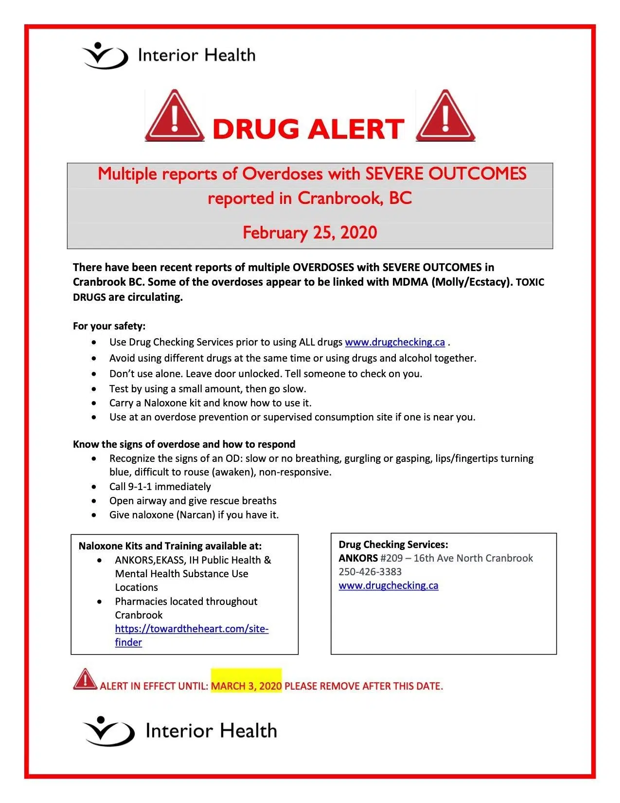 Interior Health issues drug alert for Cranbrook | The Drive FM