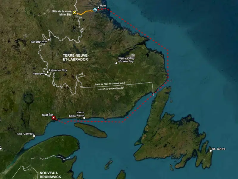 Ruta estacional propuesta desde un sitio minero planificado en Quebec hasta la costa noreste de Labrador